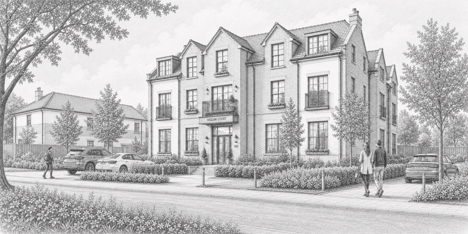 Black-and-white illustration of apartments and landscaped streets at Harbour Yard