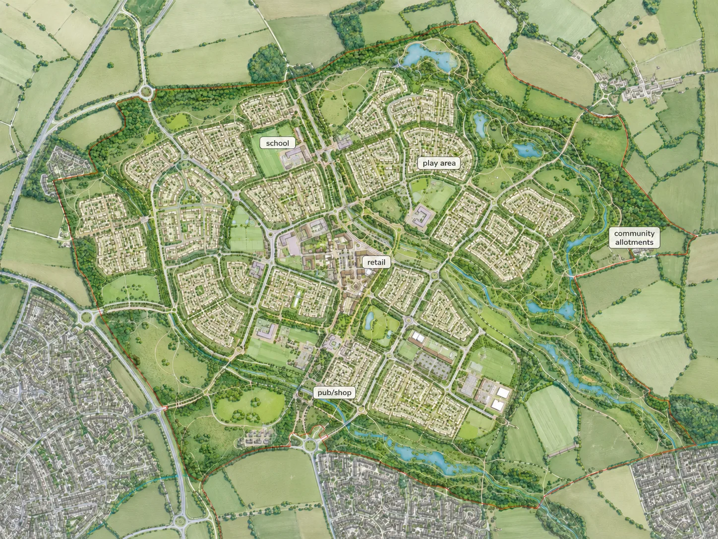 Illustrated Harbour Yard masterplan showing homes, routes and green spaces