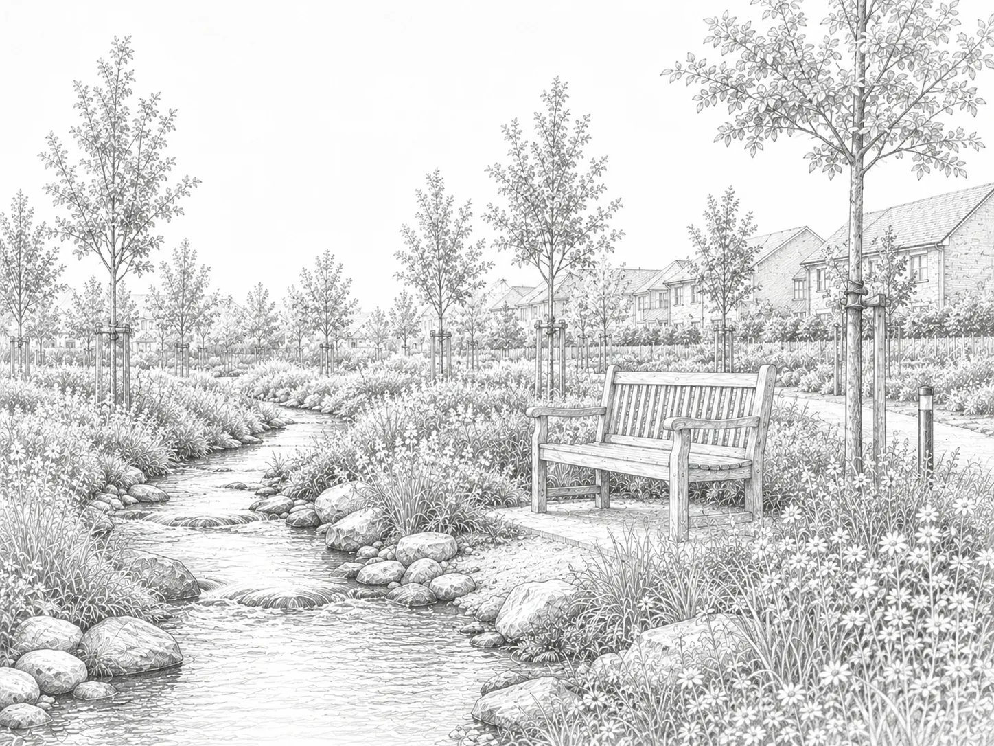 Illustrative streamside seating and planting at Harbour Yard